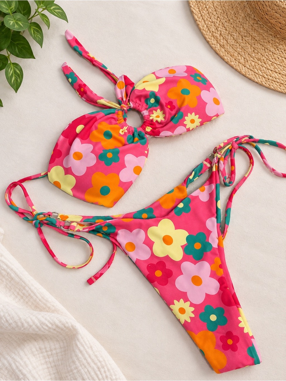 SHEIN Pink Floral Tie-Side Bikini Set